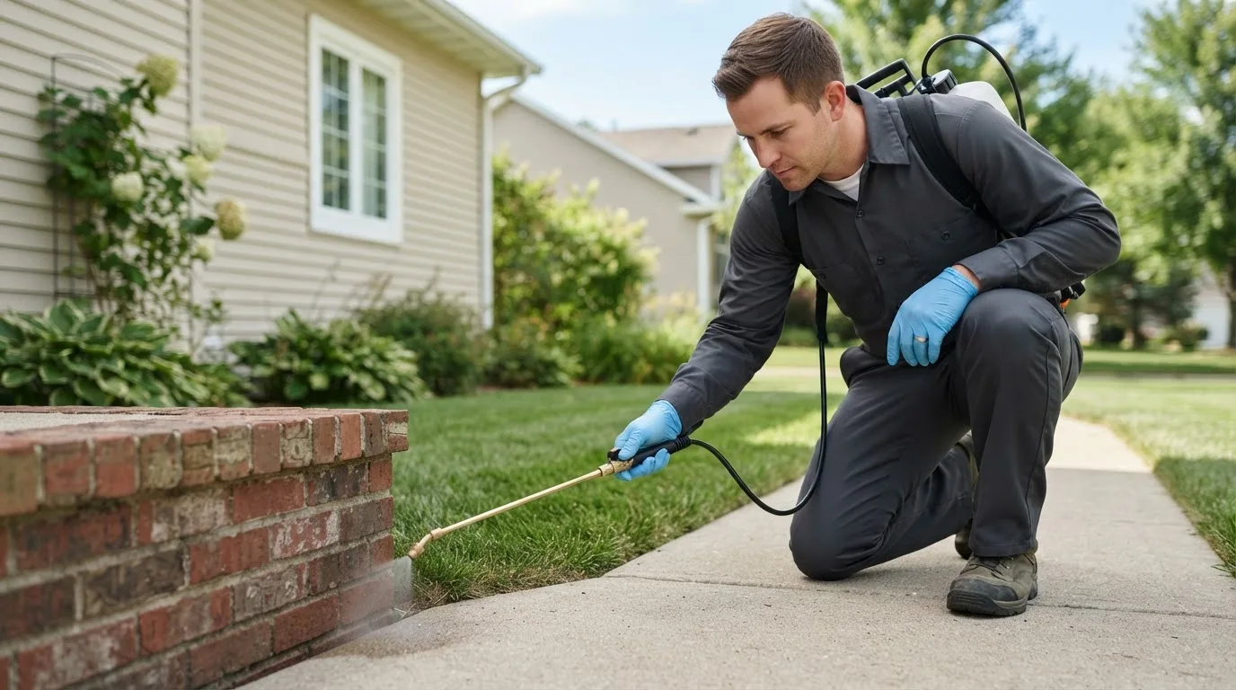 Pest control technician treating a home near Nahant, MA